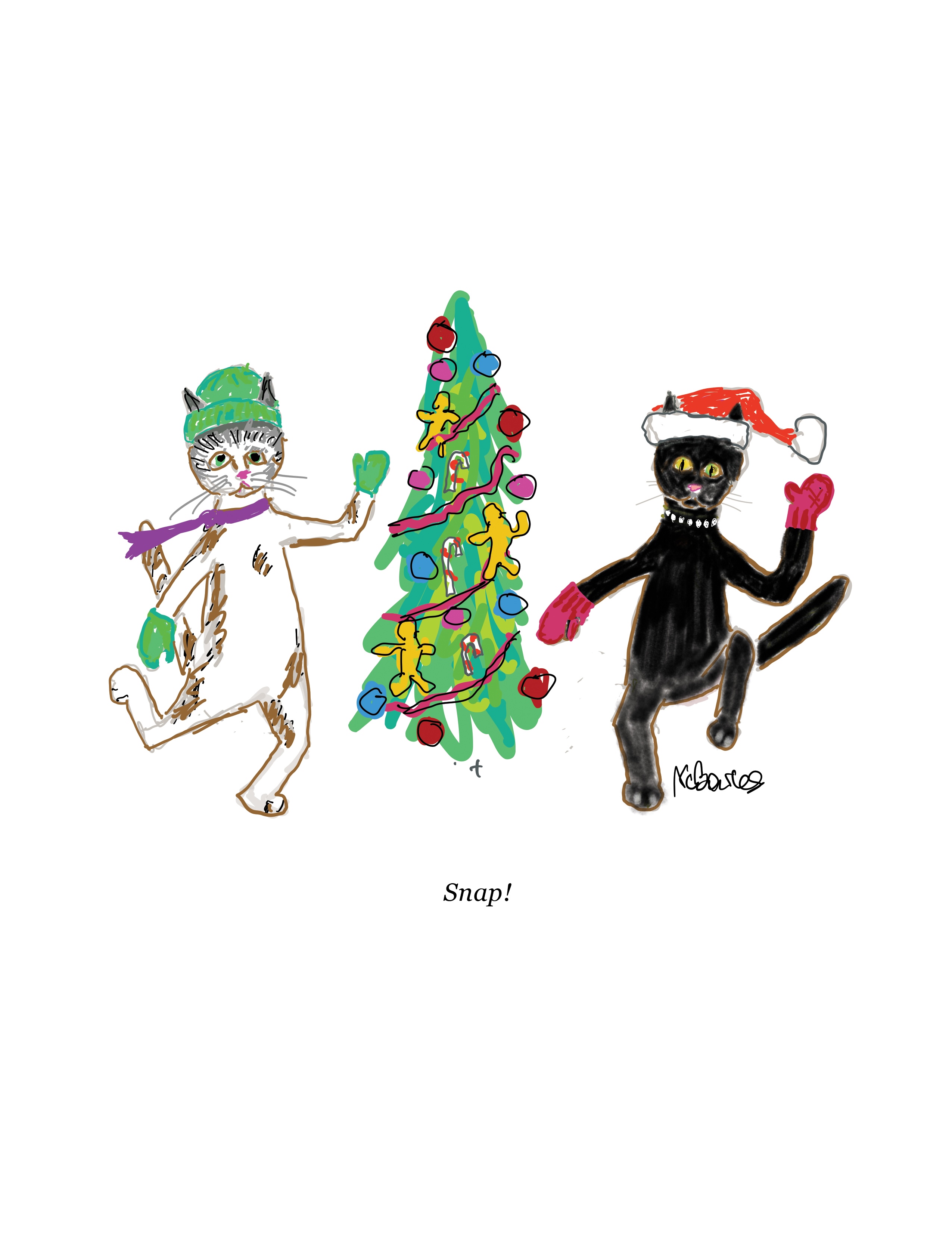 Indi, the piebald cat, and Cindr, the black cat, dance beside a decorated Christmas tree