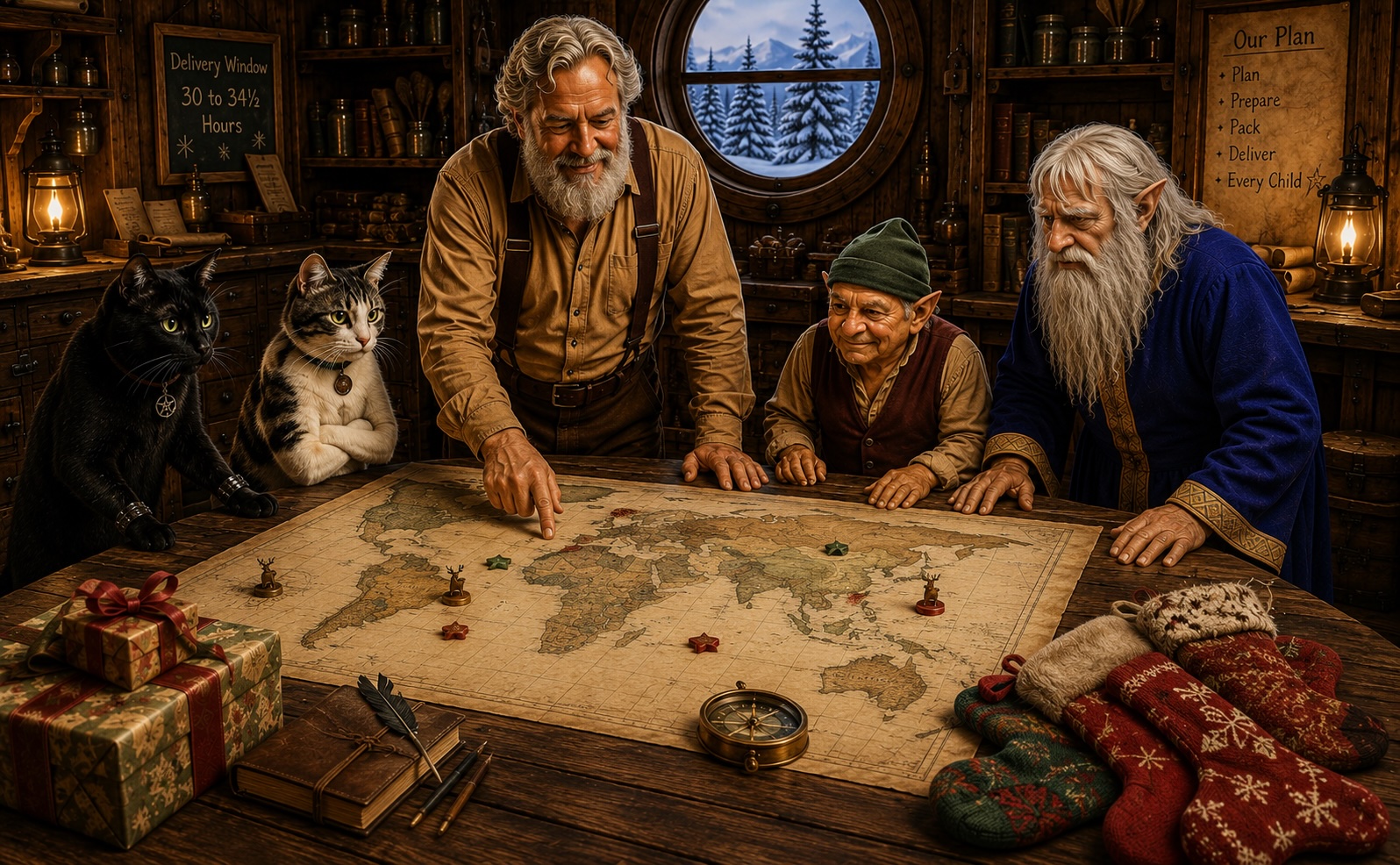 Two cats and three companions gather around a world map to plan their Christmas journey